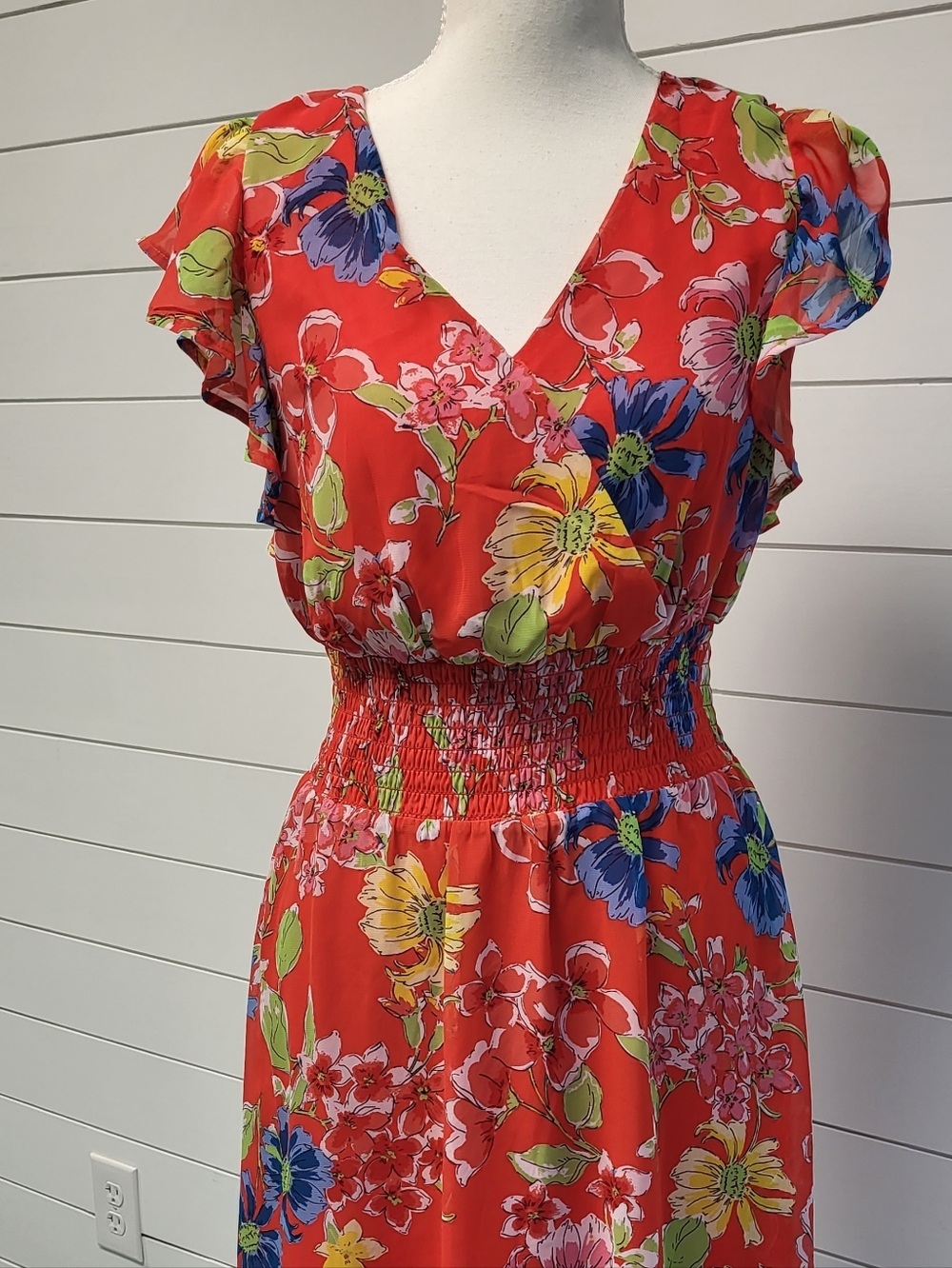 Jessica Simpson Red Floral Midi Dress with Yellow, Blue & Green Accents - Picture 3 of 12